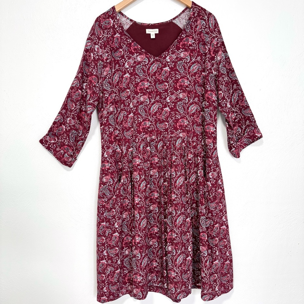 Garnet Hill Dress Womens 10 Burgundy Paisley Drop Waist Pockets Boho Cottagecore